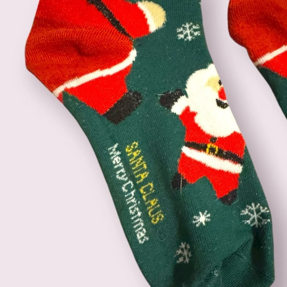 Christmas Santa Print Crew Socks Green Holiday Crew Socks Size OS